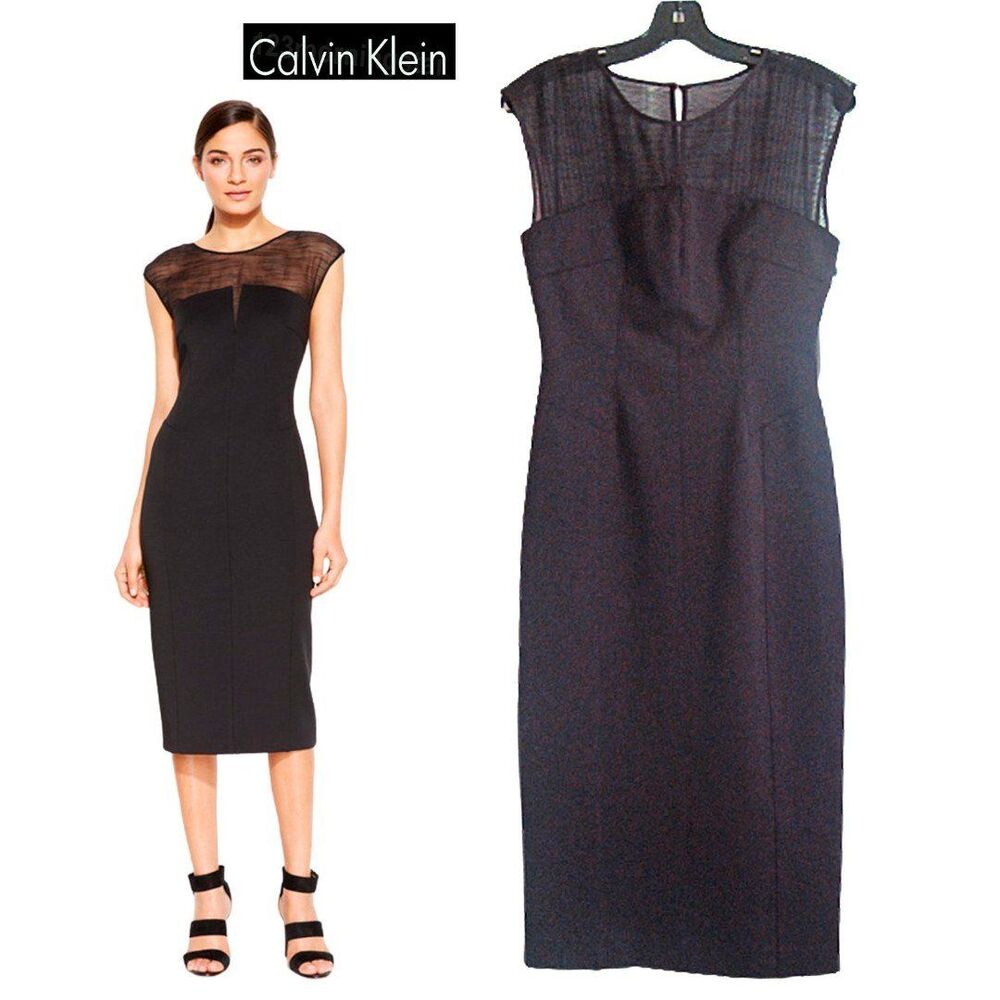 CALVIN KLEIN NEW Glam Illusion Mesh Panel Yoke Keyhole Midi Dress 4
